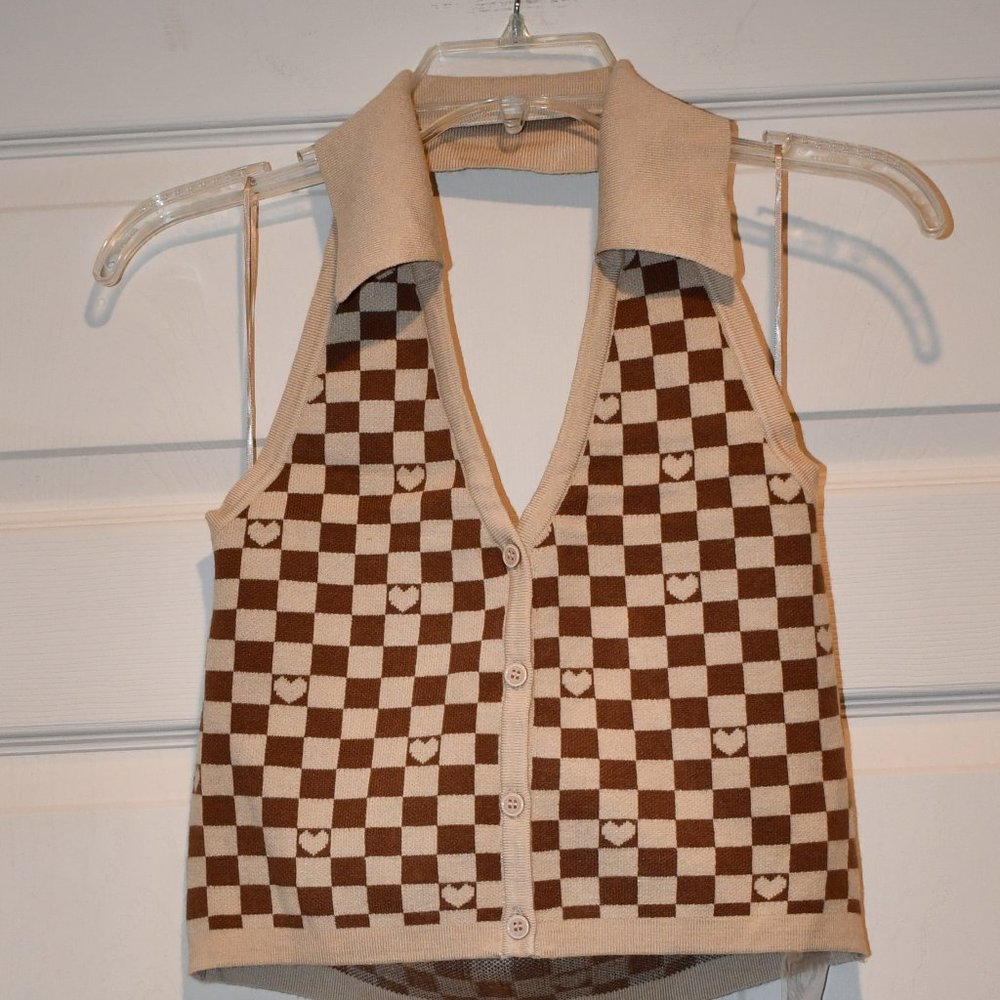 Witty Fox Juniors Beige Check Collared Halter Cropped Sweater Size Medium